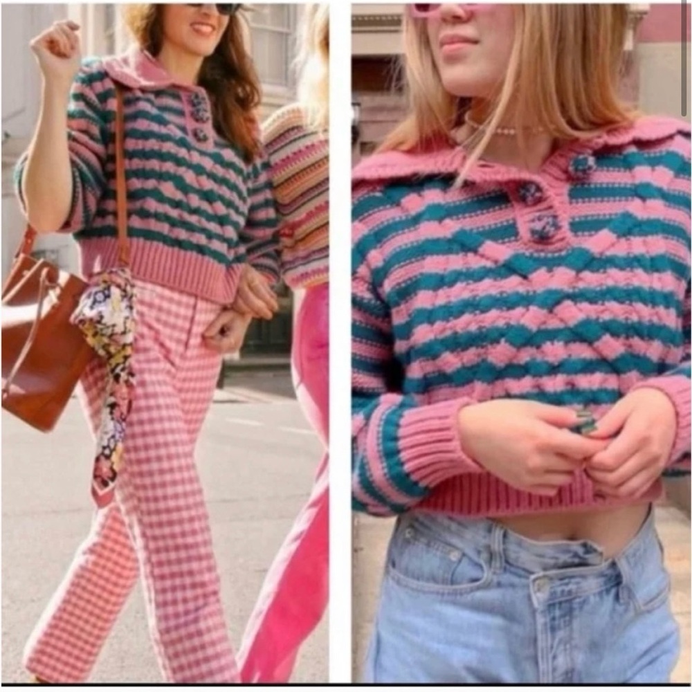 ZARA Ruffled Striped Cable Knit Sweater Pink Green Size S - Picture 5 of 11